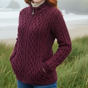 Aran Crafts Ireland Plated Zip Cardigan Burgundy Plum Merino Wool XL Cable Knit